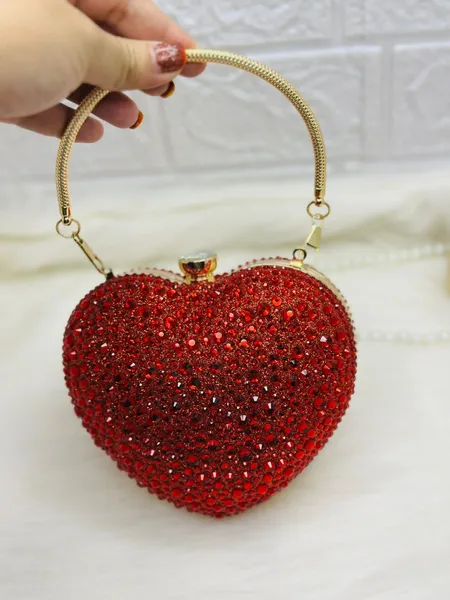 Luxury Red & Golden Crystal Heart Clutch – Imported Party Bag1
