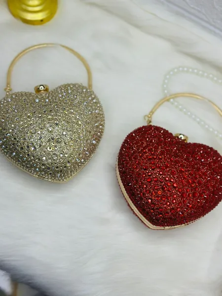 Luxury Red & Golden Crystal Heart Clutch – Imported Party Bag1