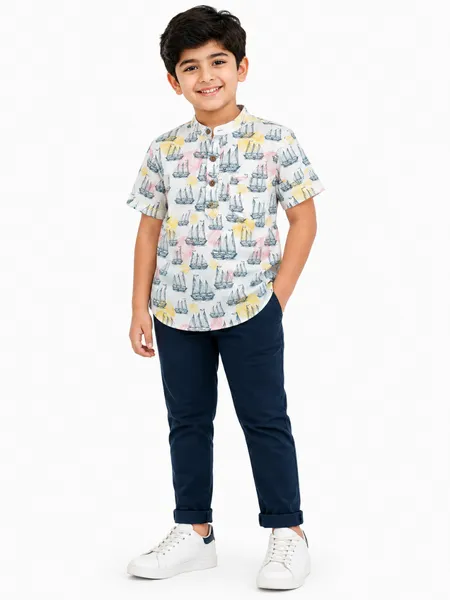 Baby Boss Boys Printed Half Sleeve Casual Shirt – White Transport Print