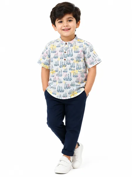 Baby Boss Boys Printed Half Sleeve Casual Shirt – White Transport Print