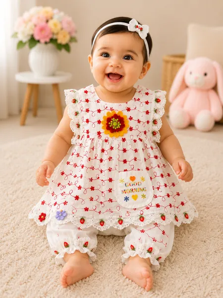 Baby Girl White Red Floral Kaftan Frock Set 6M to 2Y – Cotton Dress with Attached Bag