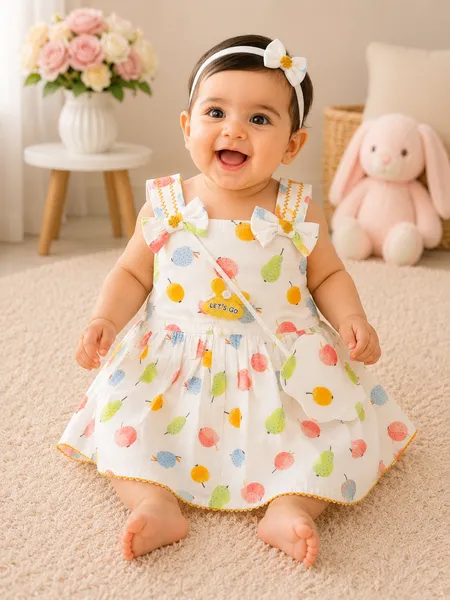 Baby Girl Fruit Print Frock Set 6M to 2Y – Cotton Dress with Attached Bag