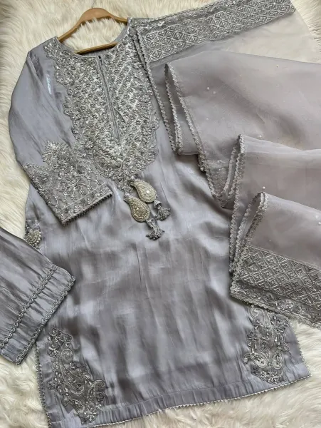 Original Pakistani Boutique Luxury Silk Stitched 3Pcs _ Ash