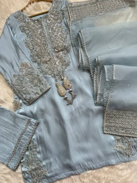 Original Pakistani Boutique Luxury Silk Stitched 3Pcs _ Powder Blue