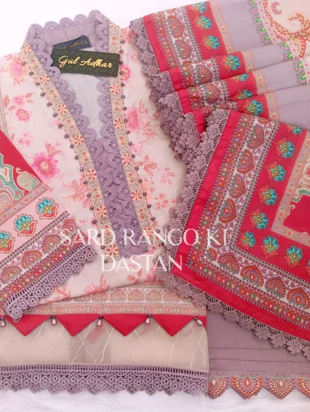 Pakistani Original Guladhar Premium Cambric Cotton Stitched 3pcs _ Pink Beige