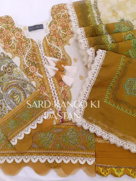 Pakistani Original Guladhar Premium Cambric Cotton Stitched 3pcs _ Mustard 