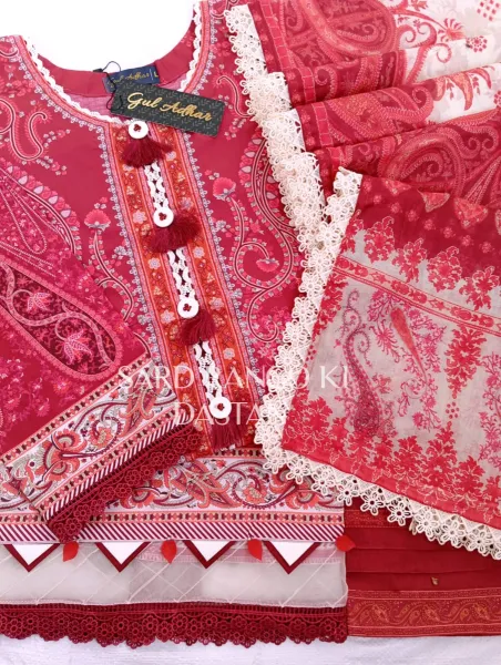 Pakistani Original Guladhar Premium Cambric Cotton Stitched 3pcs _ Maroon