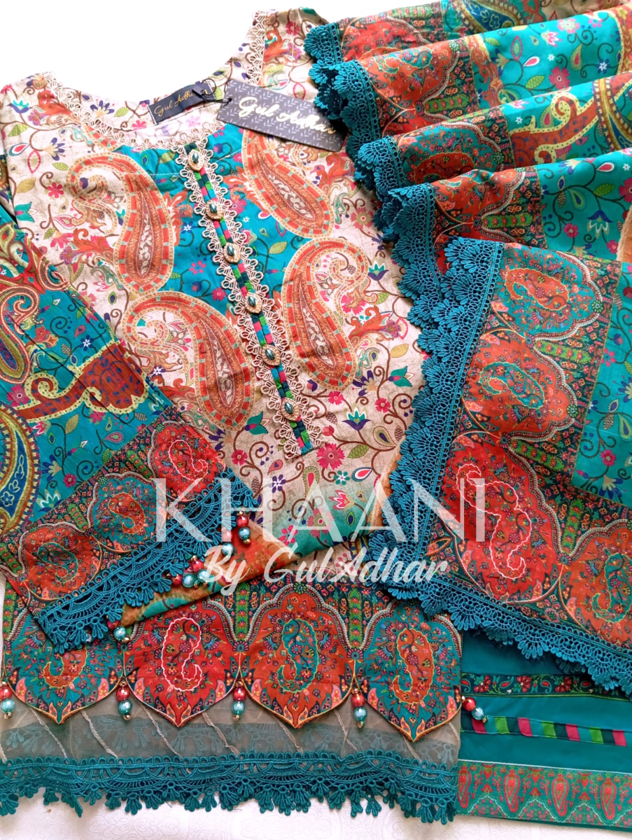 Original Pakistani Guladhar Premium Lawn Stitched 3Pcs _ Sea Blue