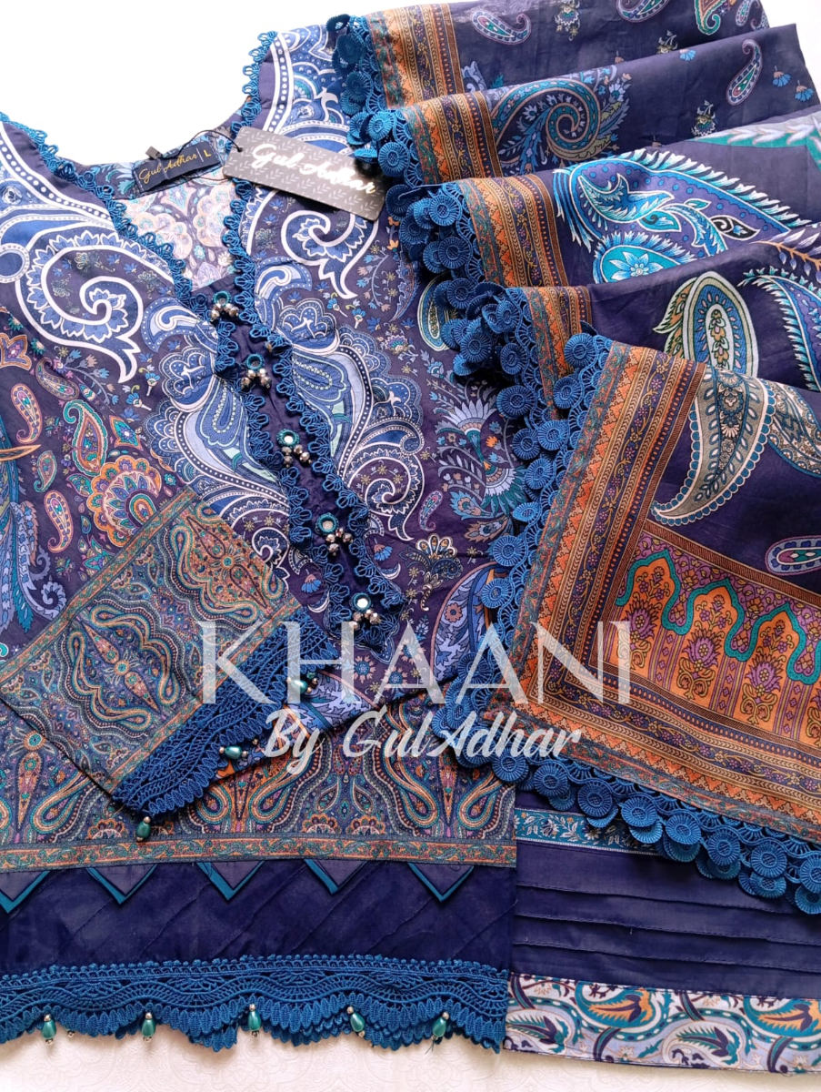 Original Pakistani Guladhar Premium Lawn Stitched 3Pcs _ Navy Blue