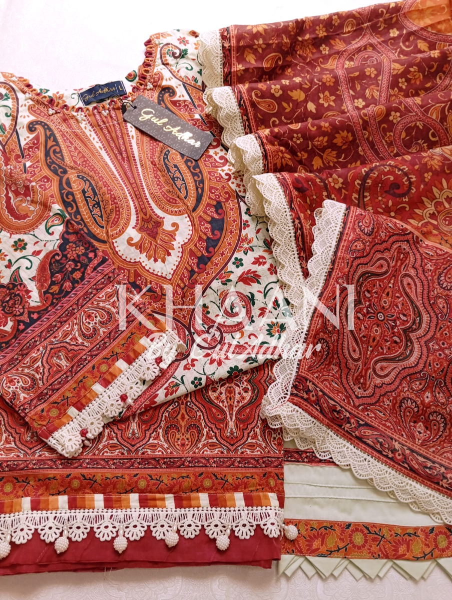 Original Pakistani Guladhar Premium Lawn Stitched 3Pcs _ Maroon & Off White