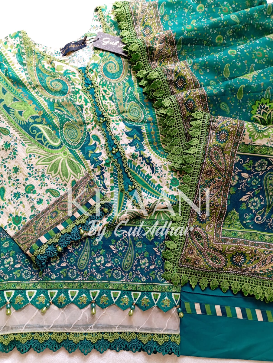 Original Pakistani Guladhar Premium Lawn Stitched 3Pcs _ Green