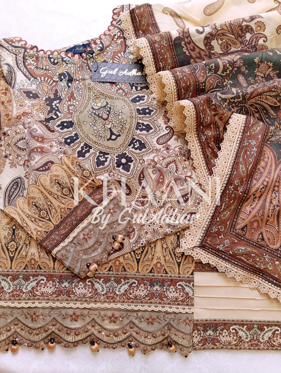 Original Pakistani Guladhar Premium Lawn Stitched 3Pcs _ Golden Beige