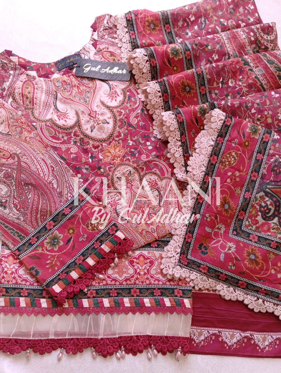 Original Pakistani Guladhar Premium Lawn Stitched 3Pcs _ Magenta Red