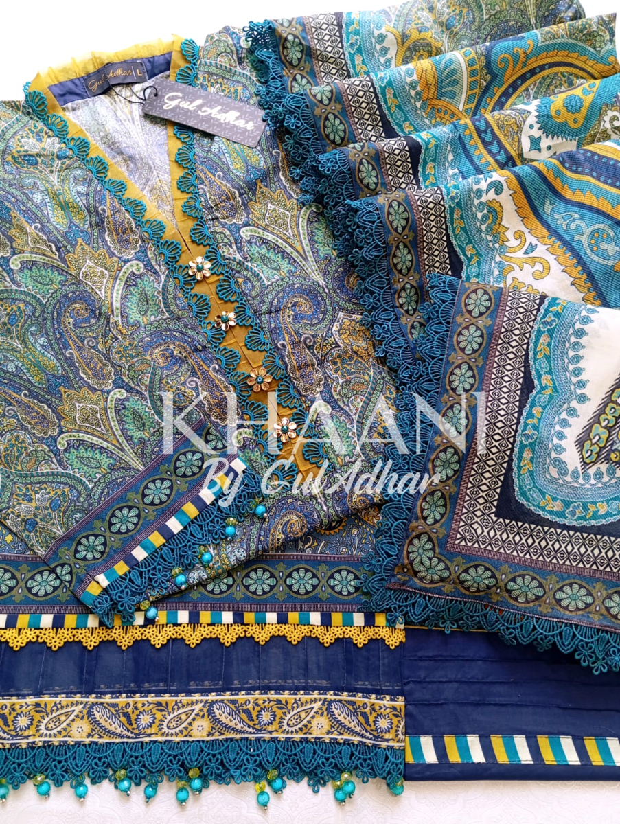 Original Pakistani Guladhar Premium Lawn Stitched 3Pcs _ Olive & Blue