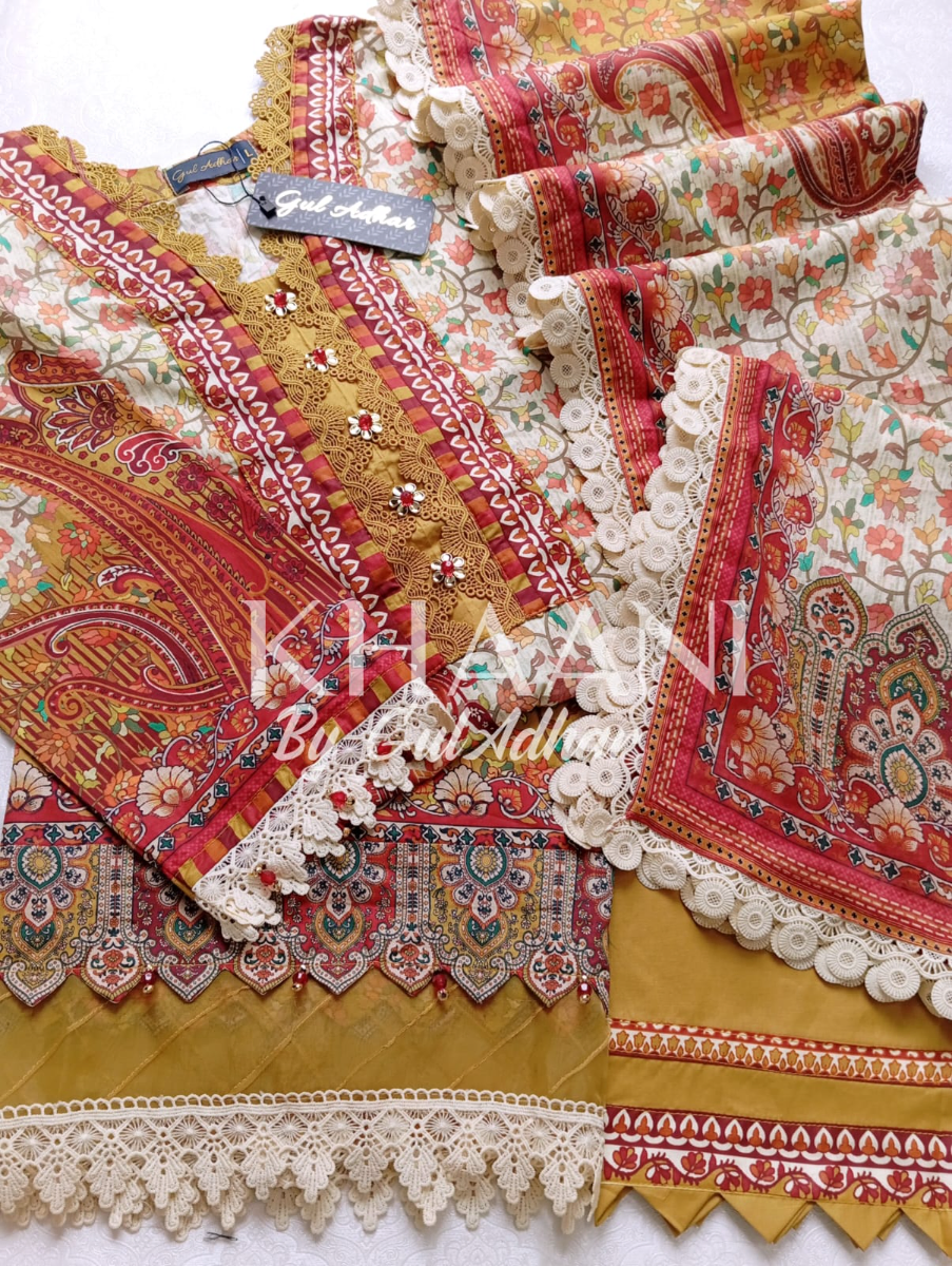 Original Pakistani Guladhar Premium Lawn Stitched 3Pcs _ Beige & Maroon