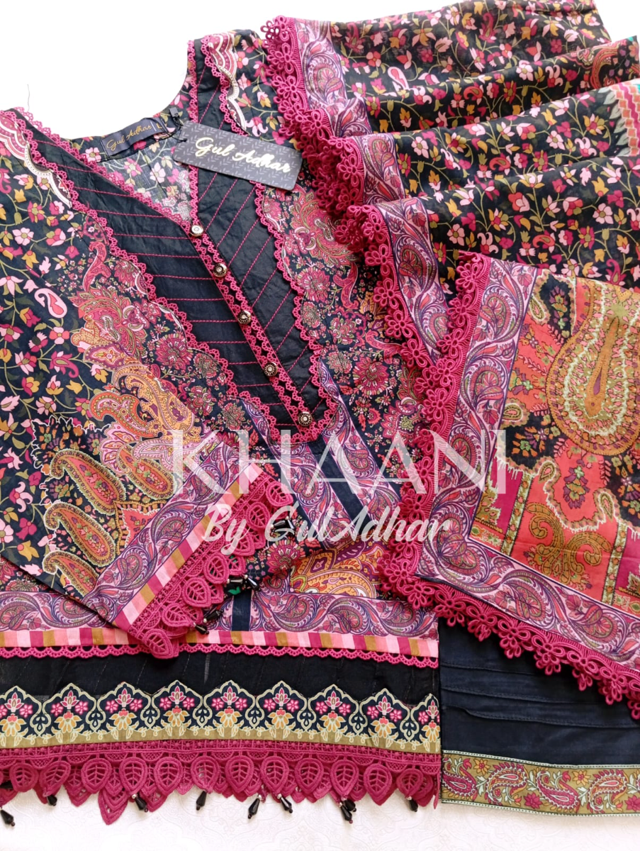 Original Pakistani Guladhar Premium Lawn Stitched 3Pcs _ Magenta Pink & Black