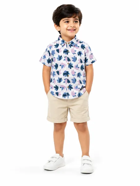 Baby Boss Boys Leaf Print Half Sleeve Shirt – White & Blue