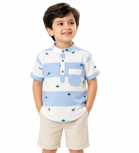 Baby Boss Boys Dinosaur Print Striped Shirt – Sky Blue & White
