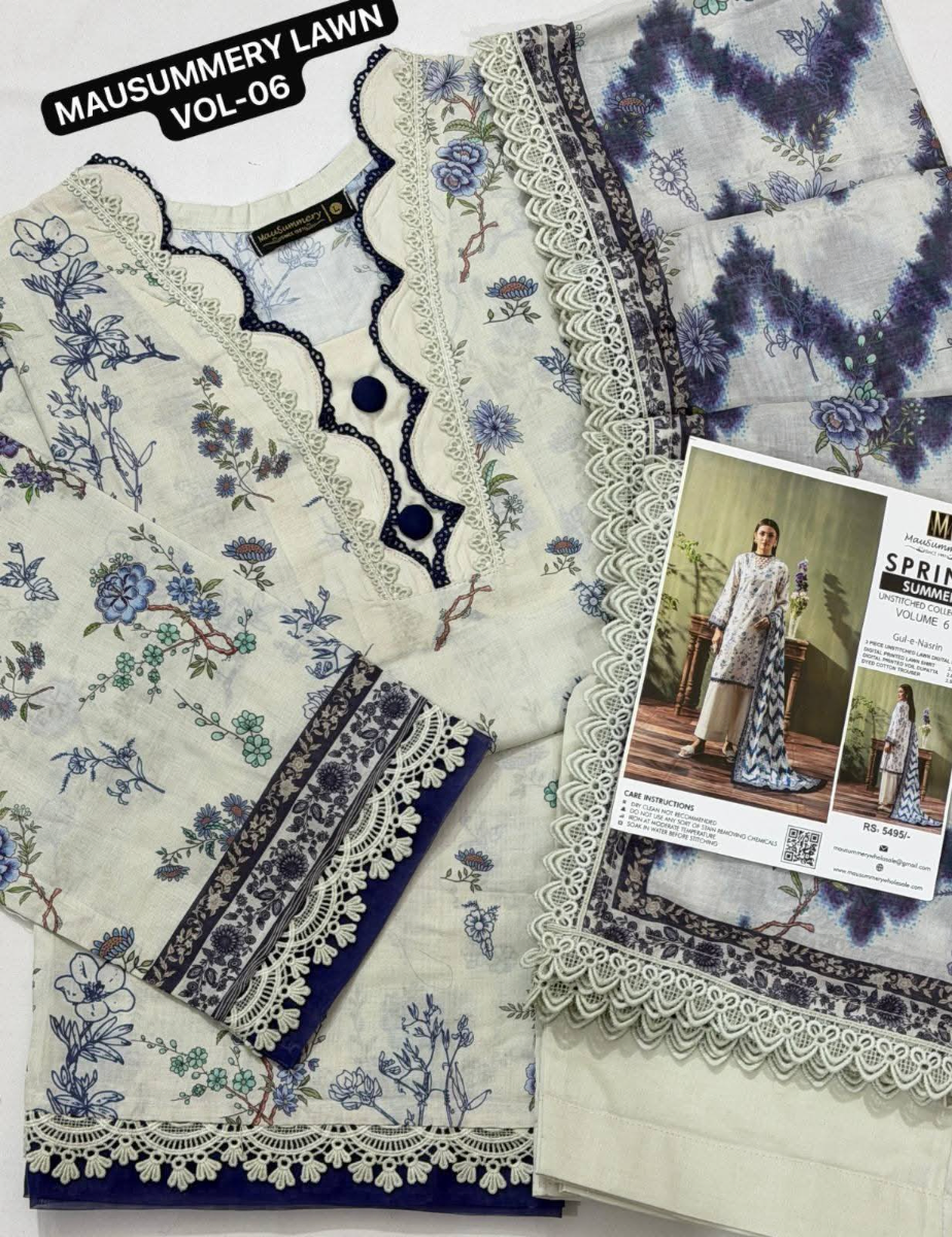 Original Pakistani Mausummery Premium Lawn Stitched 3Pcs _ Off White