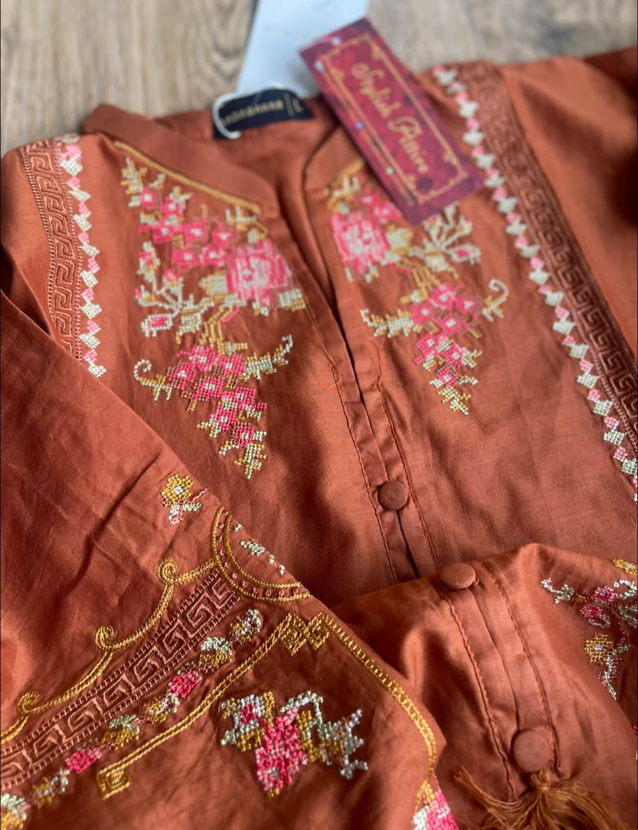 Pakistani Original Sadabahar Eclair Embroidered Lawn Stitched 3 Piece Suit _ Rust 