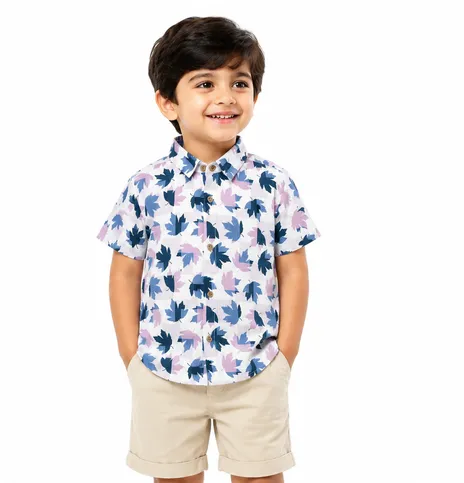 Baby Boss Boys Leaf Print Half Sleeve Shirt – White & Blue