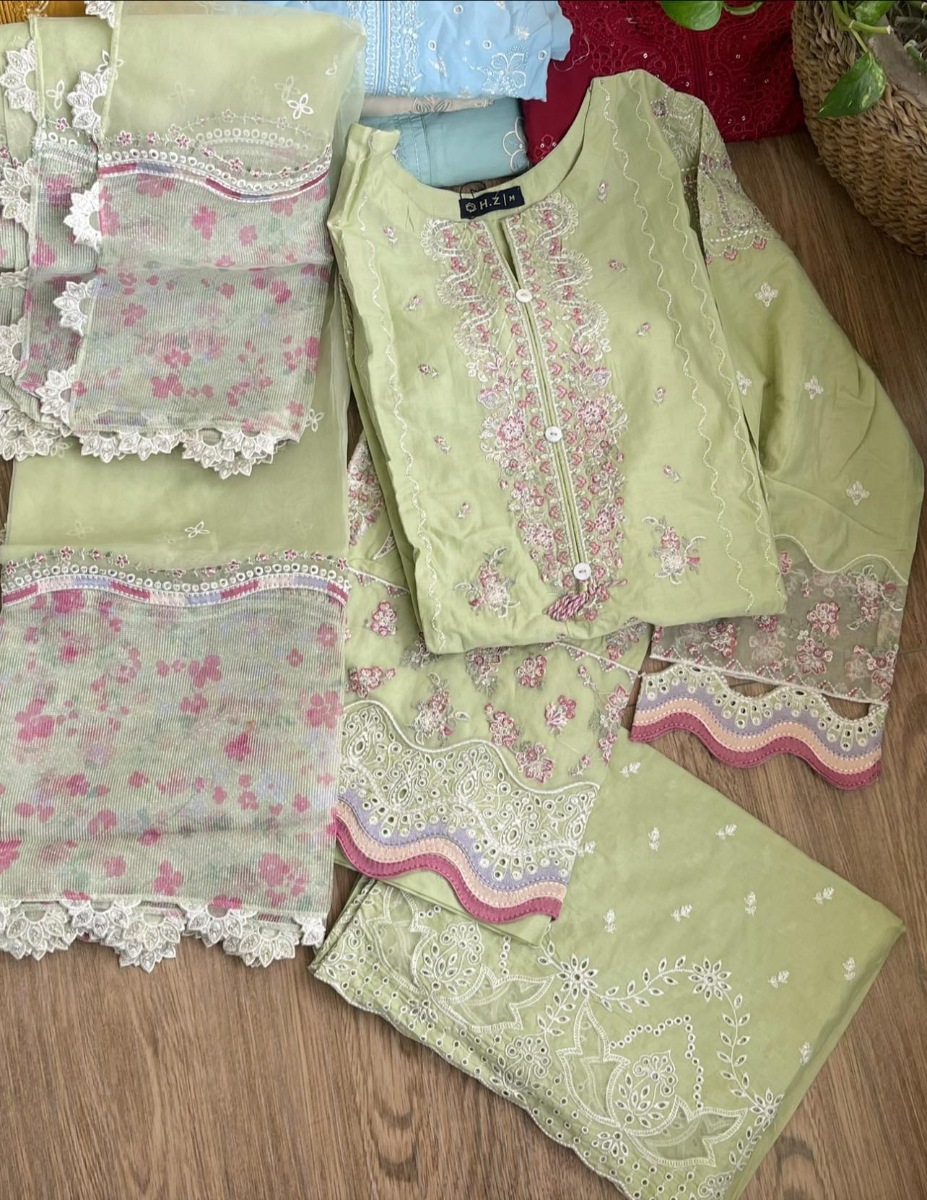 Pakistani Original HZ Textiles Luxury Cotton Stitched 3Pcs _ Light Mint 