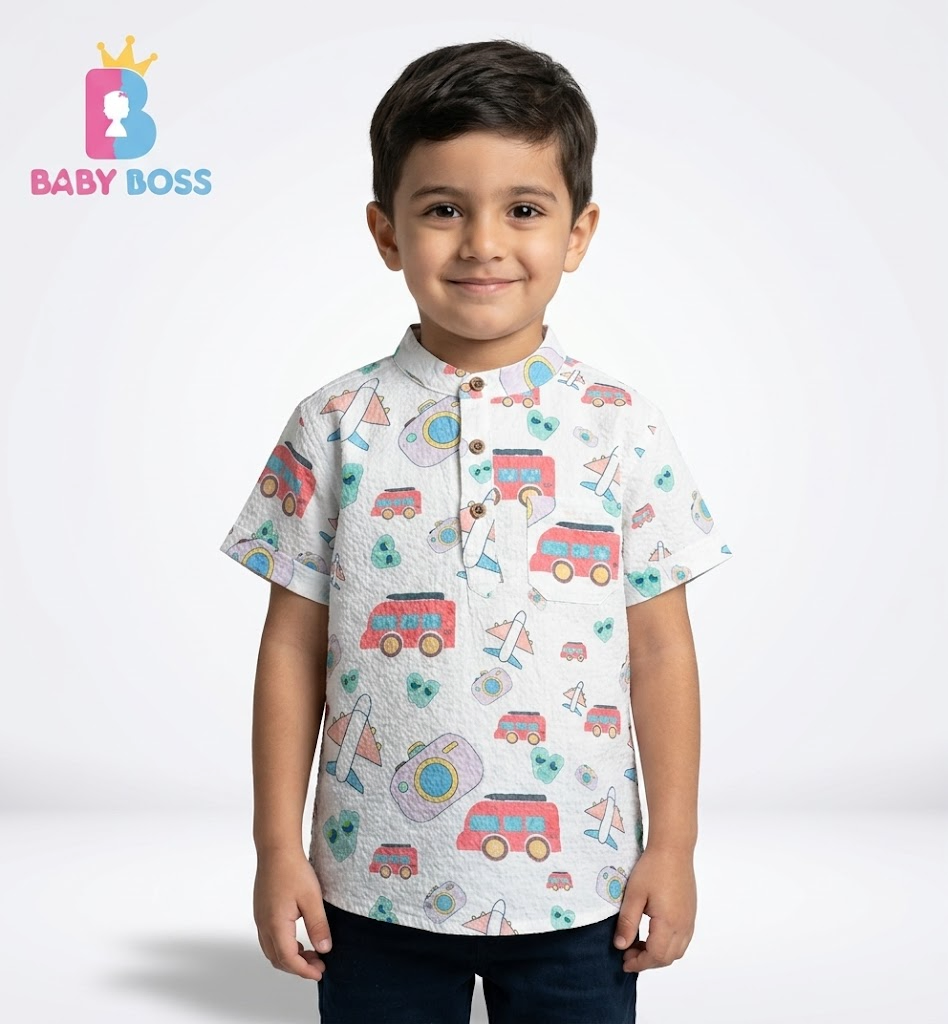 Boys' Cartoon Travel Print Seersucker Shirt