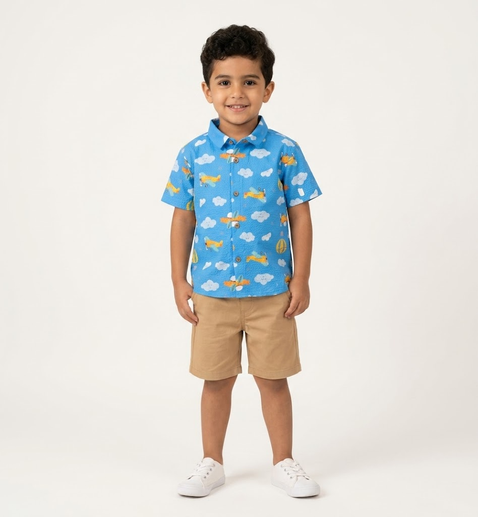 Boys' Airplane & Cloud Print Short-Sleeve Casual Shirt