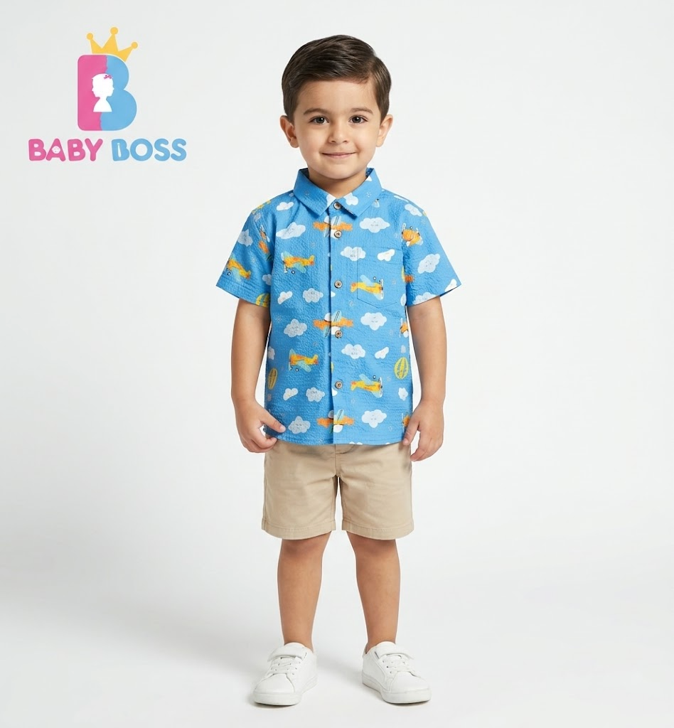 Boys' Airplane & Cloud Print Short-Sleeve Casual Shirt