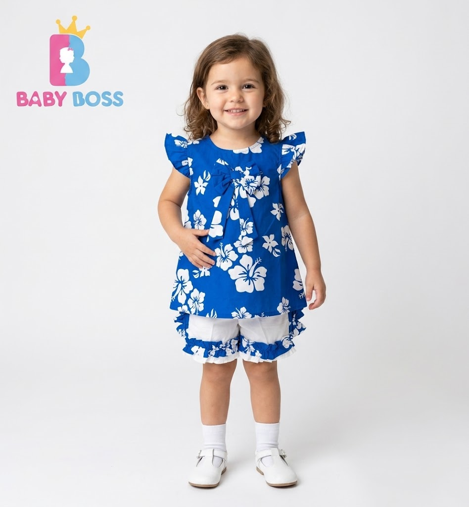 Girls' Blue Hibiscus Print Ruffle Top & Shorts Set