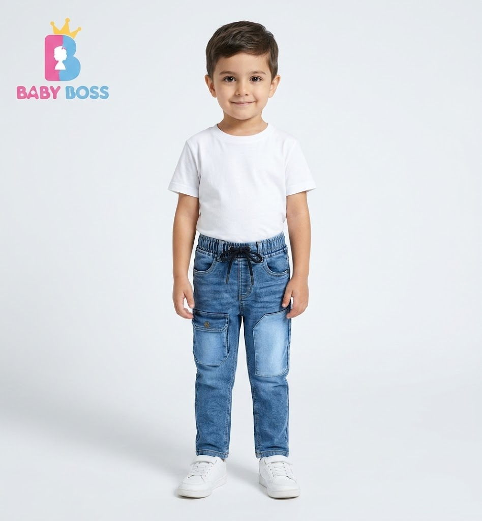 Boys' Washed Blue Cargo Denim Pants with Knee Patch