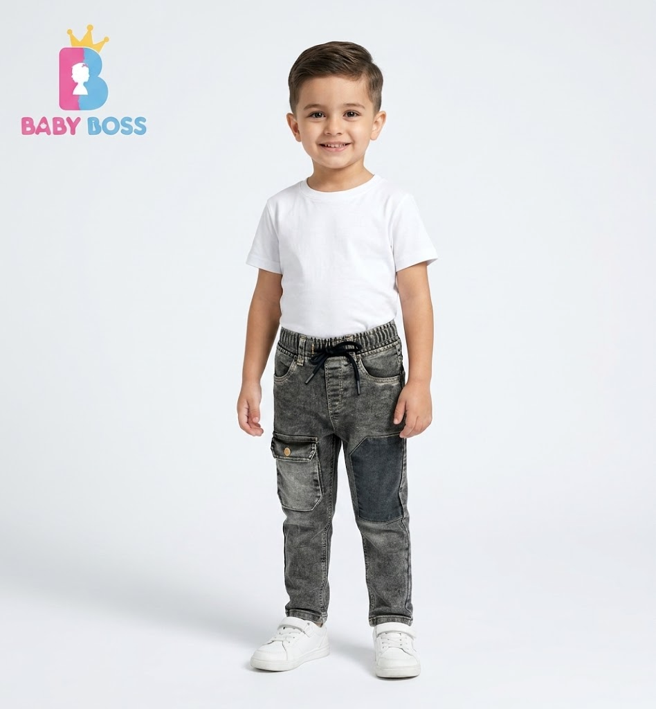 Boys' Washed Gray Cargo Denim Pants with Patch Details