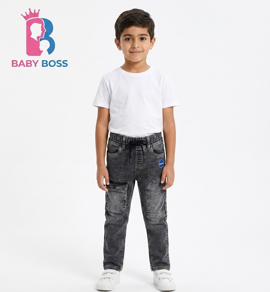 Boys' Washed Gray Cargo Denim Pants with Patch Details