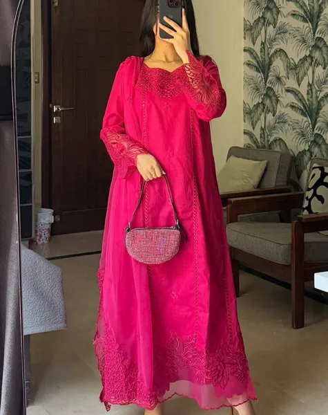 Original Pakistani Boutique Cotton Stitched 3Pcs _ Hot Pink 