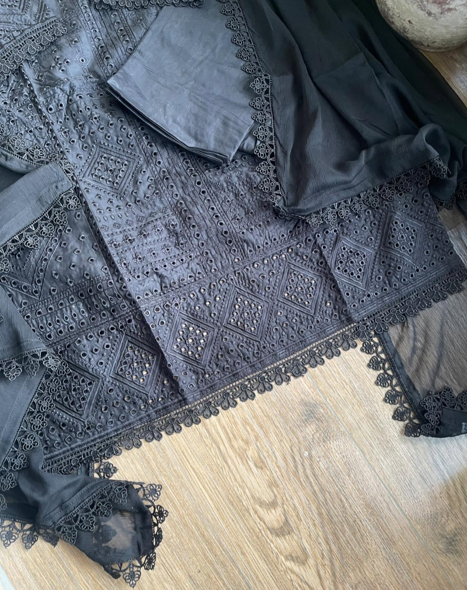 Pakistani Original Hayat’s Embroidered Stitched Cotton 3Pcs _ Black_