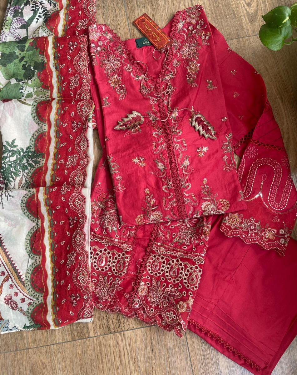 Pakistani Original Husnara Luxury lawn Stitched 3Pcs _ Maroon
