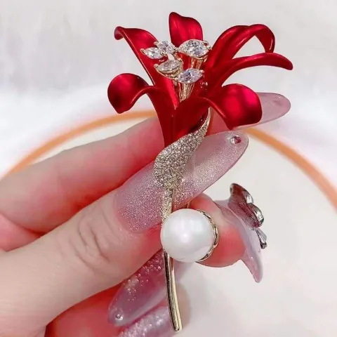 Red Lily Rose Brooch/ Hijab Safety Pin