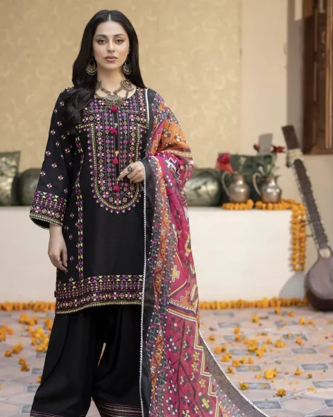 Pakistani Rangoon Stitched Cotton 3pcs _ Black