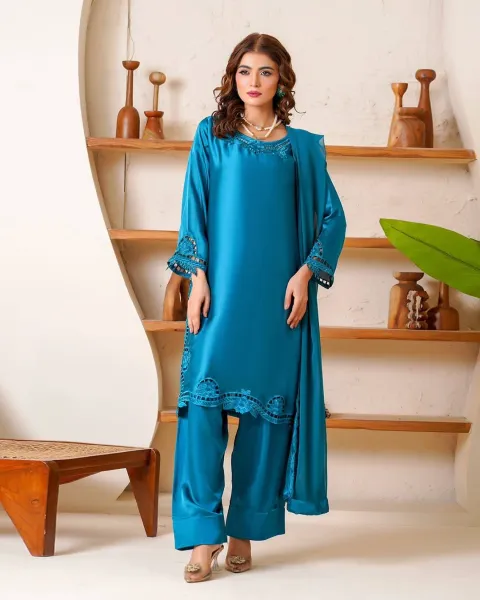 Pakistani Lasercut Silk Stitched 3Pcs with Chiffon Dupatta & Farshi Salwar _ Sea Green