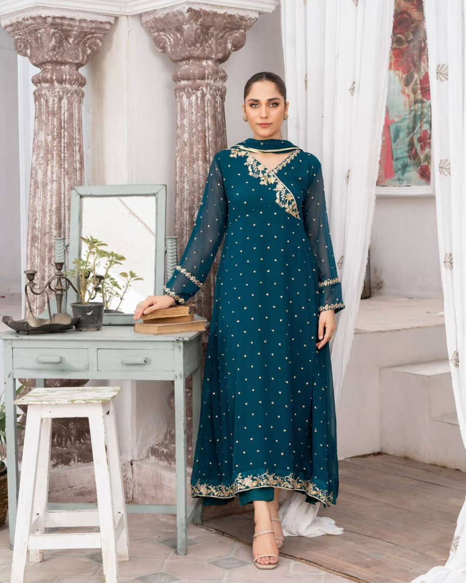 Original Pakistani Angrakha Pishwas Style Stitched 3Pcs By Aghajaan _ Teal