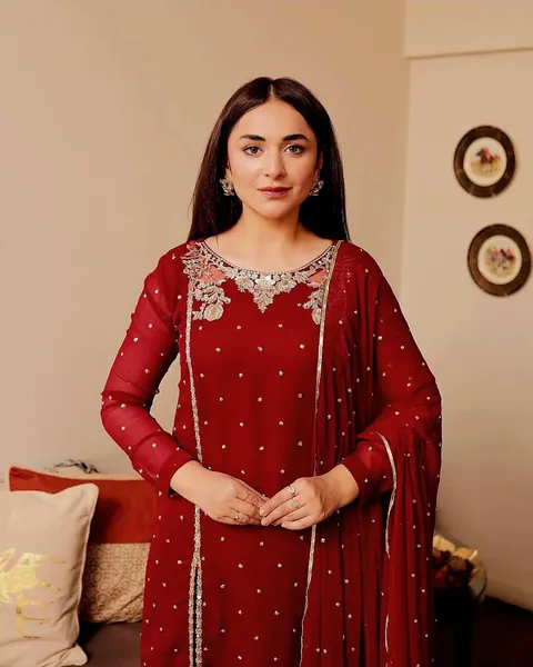 Original Pakistani Chiffon Stitched 3Pcs By Aghajaan _ Maroon 