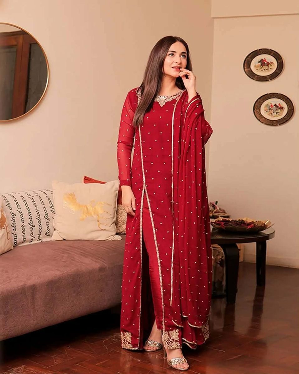 Original Pakistani Chiffon Stitched 3Pcs By Aghajaan _ Maroon 