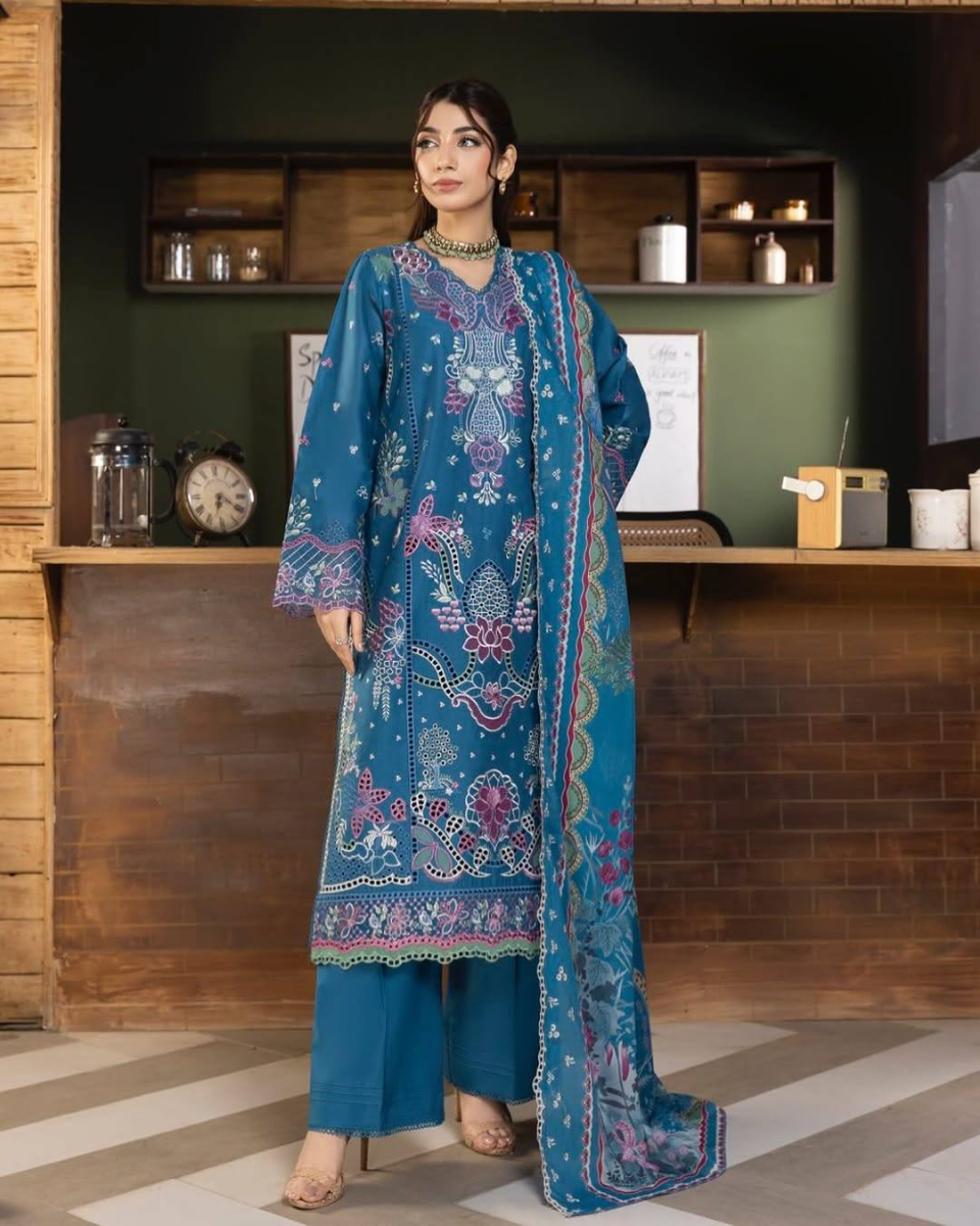 Pakistani Original Husnara Luxury lawn Stitched 3Pcs _ Deep Sea Blue 