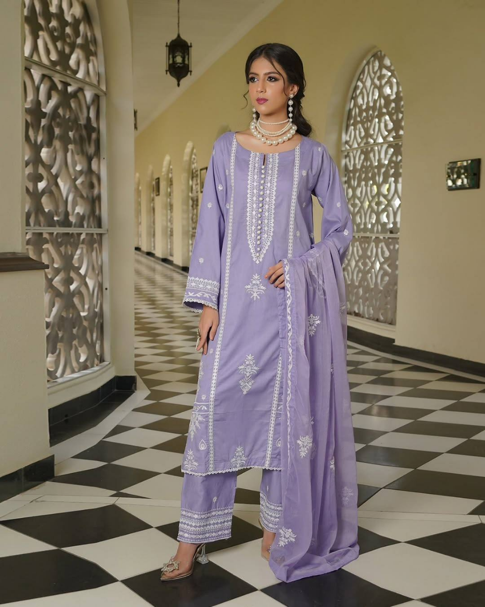 Pakistani Original Cotton Embroidered Stitched 3Pc With Chiffon Dupatta _ Lavender Blue 