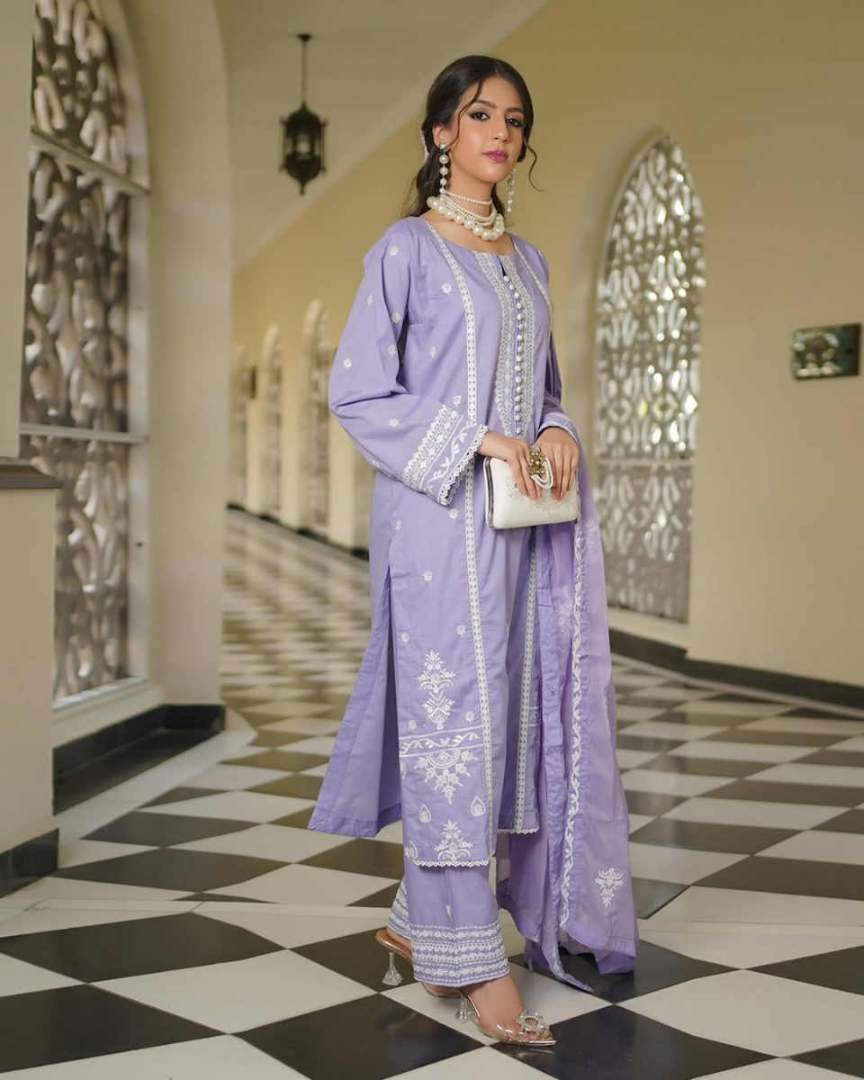 Pakistani Original Cotton Embroidered Stitched 3Pc With Chiffon Dupatta _ Lavender Blue 