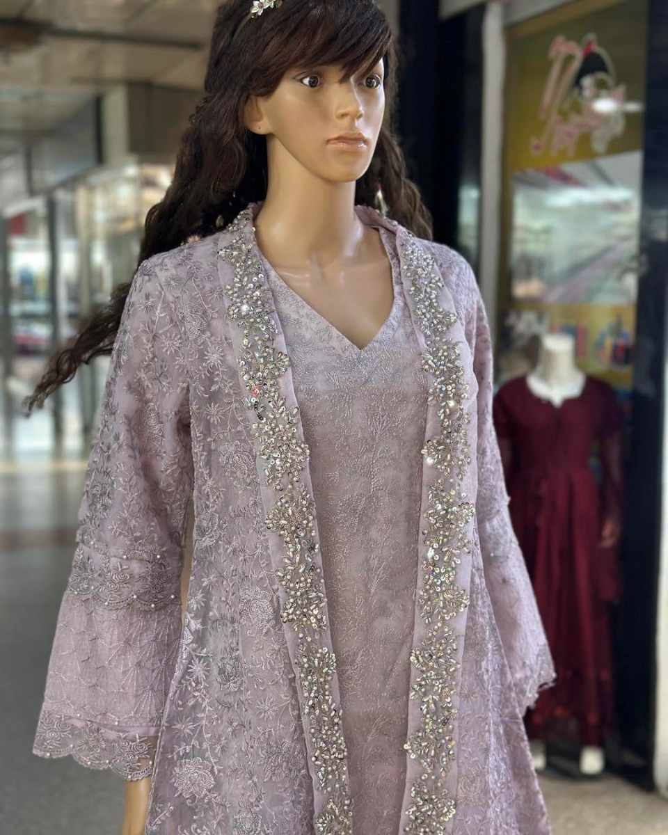 Pakistani Original Mona Embroidery Organza Stitched Gown 4Pcs _ Lavender