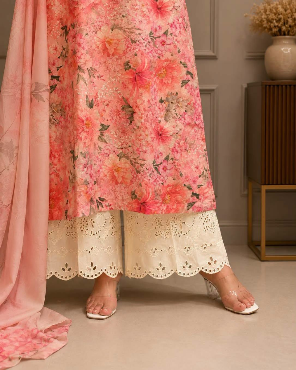 Original Pakistani Sahiba's By Mirza Stitched Cotton 3Pc with Chiffon Dupatta _ Pink 