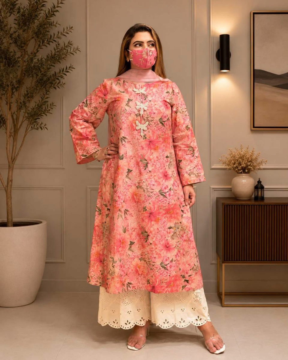 Original Pakistani Sahiba's By Mirza Stitched Cotton 3Pc with Chiffon Dupatta _ Pink 