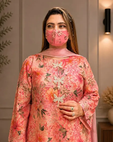 Original Pakistani Sahiba's By Mirza Stitched Cotton 3Pc with Chiffon Dupatta _ Pink