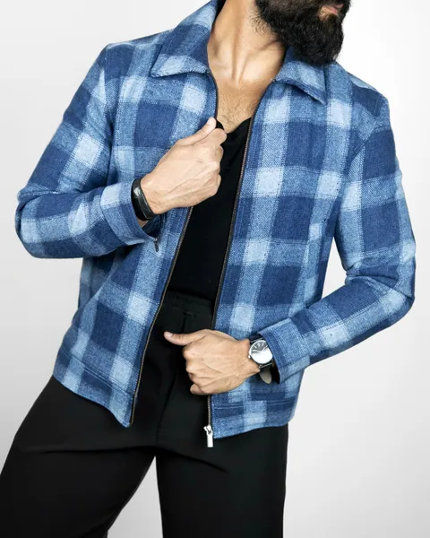 Basics Zipped Jacket in Indigo Check Colourway
